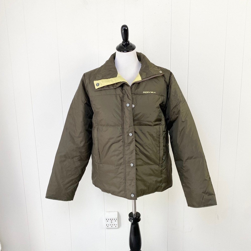 Roxy Quiksilver Life Reversible Down Puffer Jacket Olive Lime Green Sz 4 / Small